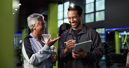 Gym, woman and personal trainer with tablet, high five and explanation for training service and smile. Health club, people and review of consent form with instructor, fitness and happy for schedule
