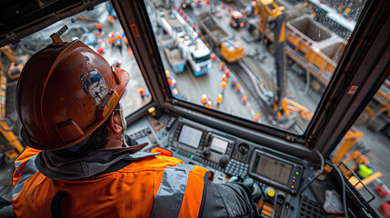 Fototapeta premium Crane Operator Overseeing Busy Construction Site from Cabin