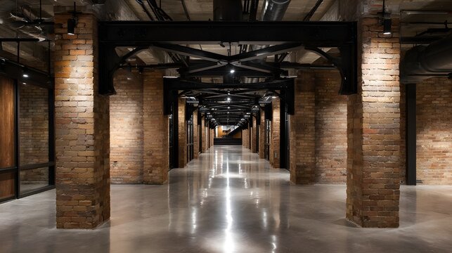 Explore an empty industrial chic loft hallway with exposed brick lighting and contemporary style touches