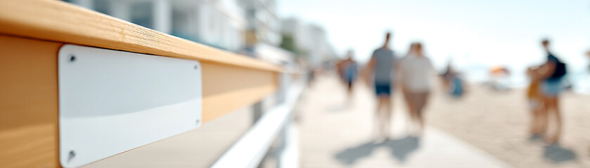 A sunny boardwalk by the beach with people walking, blurred in the background, and a close-up of a railing in focus.