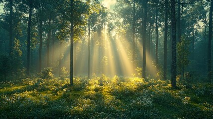 Obraz premium Misty forest bathed in sunlight (3)