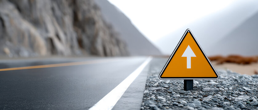A yellow triangular road sign with an upward arrow sits beside a winding mountain road surrounded by rocky terrain.