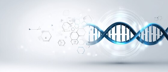 Futuristic depiction of a DNA double helix with digital and scientific elements on a white background.