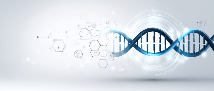 Futuristic depiction of a DNA double helix with digital and scientific elements on a white background.