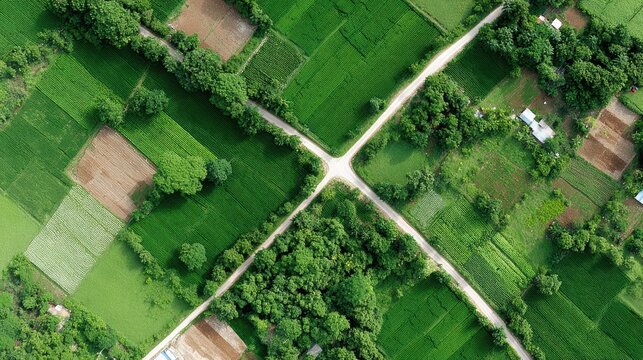 Aerial view of lush green fields intersected by rural roads forming a cross pattern, with scattered trees and small buildings.