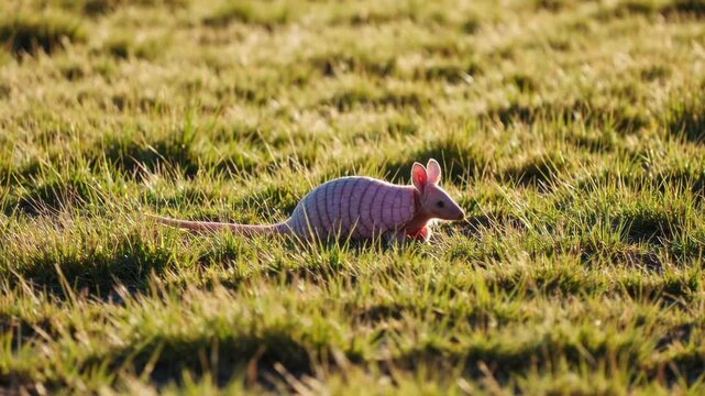 Pink fairy armadillo foraging in the grass
