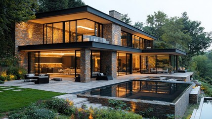 Obraz premium Modern stone home with pool and patio