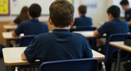 Students in classroom representing learning and education, featuring rows of desks and uniforms