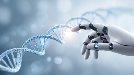 A robotic hand interacts with a digital DNA strand, symbolizing the fusion of artificial intelligence and genetic science.