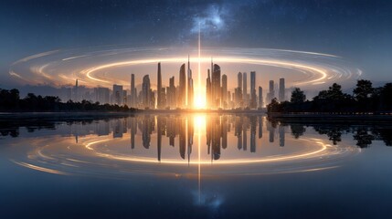 Fototapeta premium Futuristic city skyline with glowing rings and a dramatic sunrise reflected on a calm lake under a starry sky.