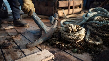 Capture Maritime Scene of Rusted Anchor Being Hoisted on Weathered Deck Amidst Nautical Shoreline Ambiance
