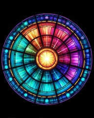circular stained glass mandala with rainbow chakra symbols, bright light in the center, radiating mystical energy, spiritual design