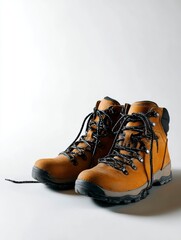 Hiking boots in a brown color with black laces and a dark beige sole, side view on a white background.