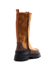 Side view of a tan and brown outdoor boot with a black sole, presented on a white background.