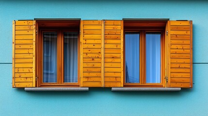 Teal wall with three wooden shuttered windows