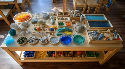 Sensory exploration table featuring interactive elements for developmental learning activities in modern innovative educational environments