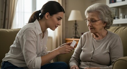 Fototapeta premium Granddaughter helping grandmother with medication