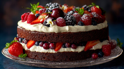 Decadent Layered Chocolate Cake with Cream and Fruit