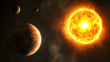 Celestial bodies glowing in the inky blackness of space.