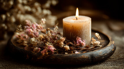 Lit Candle on Wooden Tray with Dried Flowers
