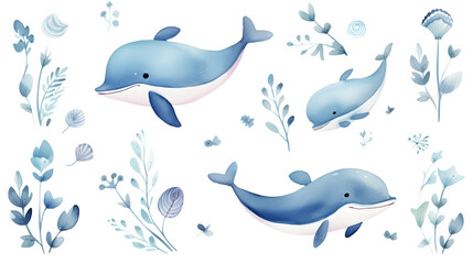 Whimsical Watercolor Cartoon Whales and Flowers Illustration for Creative Projects