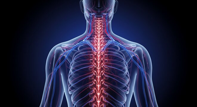 Human spine and circulatory system illuminated