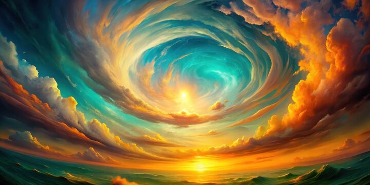 Whimsical Seascape with a Celestial Vortex of Vibrant Hues and Golden Sunset