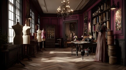Elevate Fashion Craftsmanship In An Empty Bespoke Tailors Workshop With Deep Burgundy Interiors And Tools