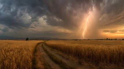 Fototapeta premium Enhance Visual Impact with Golden Lightning Bolt Graphics Flashing Across Sunset Landscapes for Dramatic Appeal