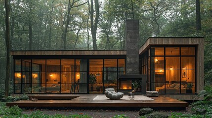 Modern cabin nestled in a forest. Large windows showcase the interior