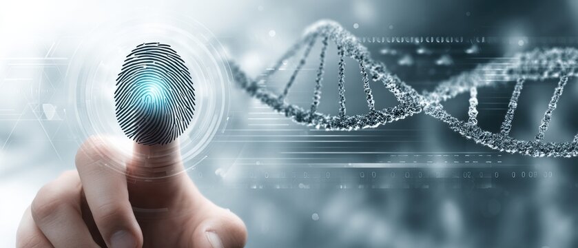 A digital fingerprint scan and a DNA strand symbolize biometric identification and advanced technology. - Powered by Adobe