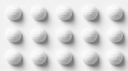 Symmetrical arrangement of white golf balls on a white surface.