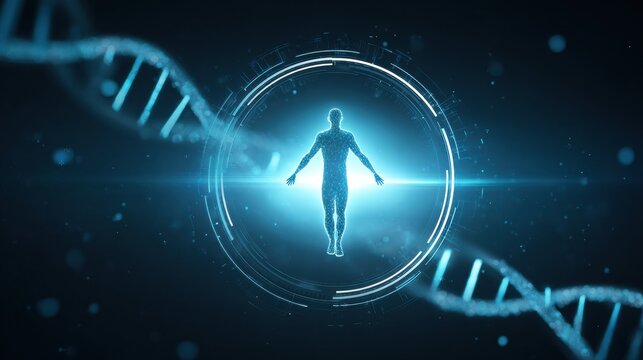 A glowing human figure stands in a digital circle with DNA strands, symbolizing biotechnology and human genetics.