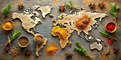 A World of Culinary Delights Aromatic Spices and Herbs Arranged on a Wooden World Map