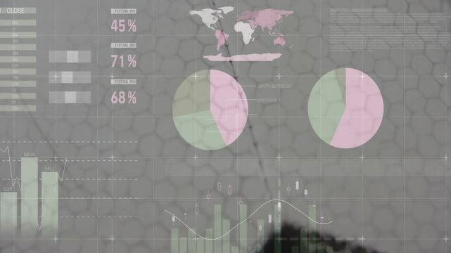 Dashboard projecting futuristic data over cracked hex panel, featuring world map and charts