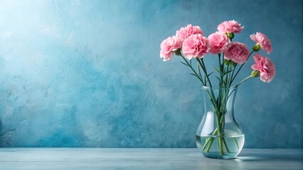 Obraz premium A Delicate Bouquet of Light Pink Carnations in a Clear Glass Vase on a Teal Surface