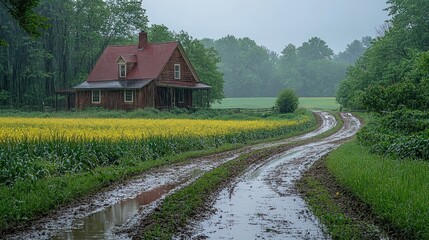 Fototapeta premium Rural house on a rainy day