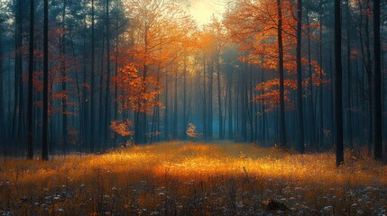 Obraz premium Autumnal forest bathed in golden light