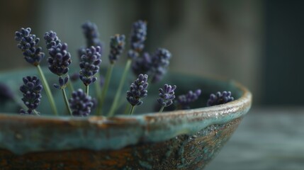Fototapeta premium macro photography of lavender buds in ceramic bowl shallow focus .