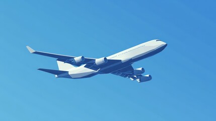 Low poly passenger aircraft flying high in a clear blue sky on a sunny day
