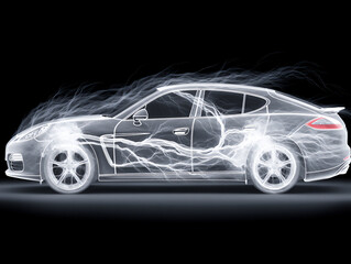 Naklejka premium futuristic 3d rendering showcasing the ai brain of an autonomous vehicle processing information from various sensors in real-time, abstract data flow visualization,