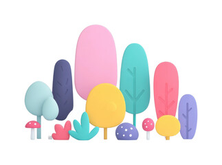 Colorful abstract trees and mushrooms in minimalist design, cut out - stock png.