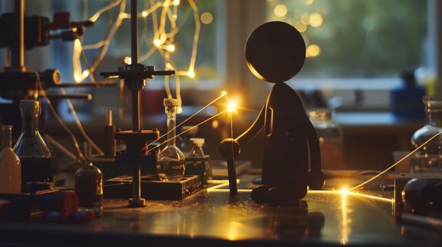 Stick Figure Performing a Physics Experiment: A stick figure setting up equipment like lasers or pendulums in a physics lab, testing scientific theories on motion, gravity, and light.
