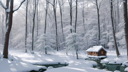 Illustration depicts a serene winter scene. A small, rustic cabin sits beside a partially frozen stream, nestled amongst tall, snow-covered bare trees. The soft, diffused light bathes the tranquil.