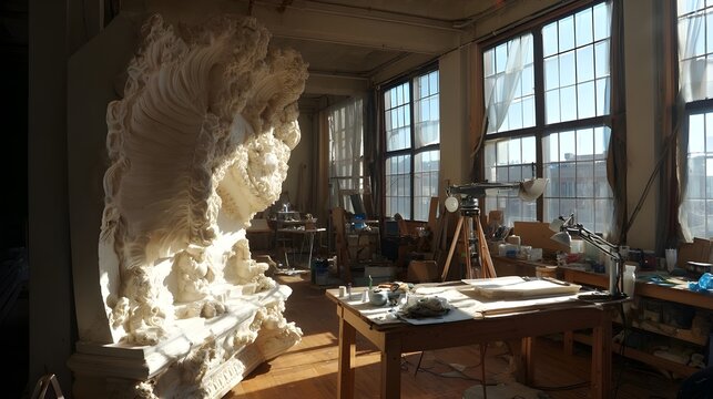 Witness an elaborate sculpture creation in sunlit studio blending classical techniques with modern artistic vision