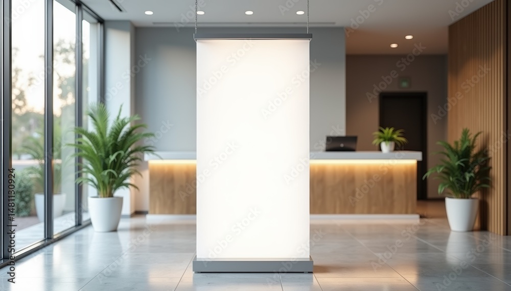 Poster Modern reception area with large blank display panel and plants  