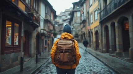 Solo Traveler with Backpack Exploring Cobblestone Streets of Historic European City