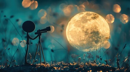 Stick Figure Observing the Moon: A stick figure with a telescope, observing the moon's phases and celestial movements, exploring the mysteries of lunar activity and the night sky.
