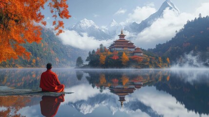 Serene Monk Meditating by Pristine Lake with Autumnal Mountain Temple