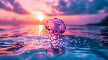 Purple jellyfish at sunset, ocean surface
